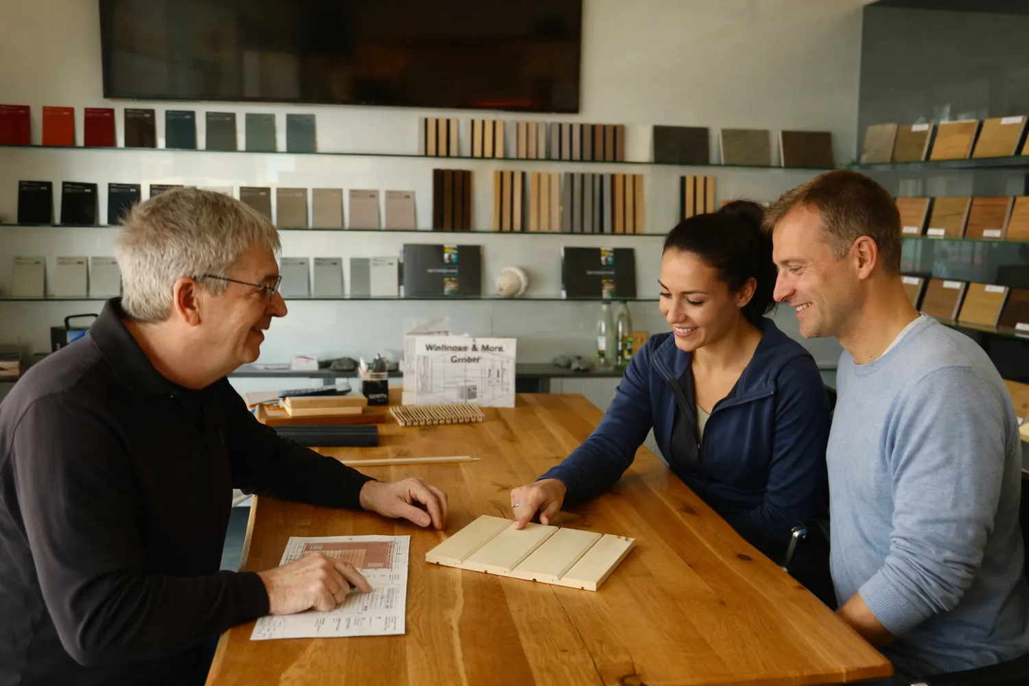 Sauna Stegmann - Wellness & More - Drei Personen besprechen Materialmuster an einem Holztisch