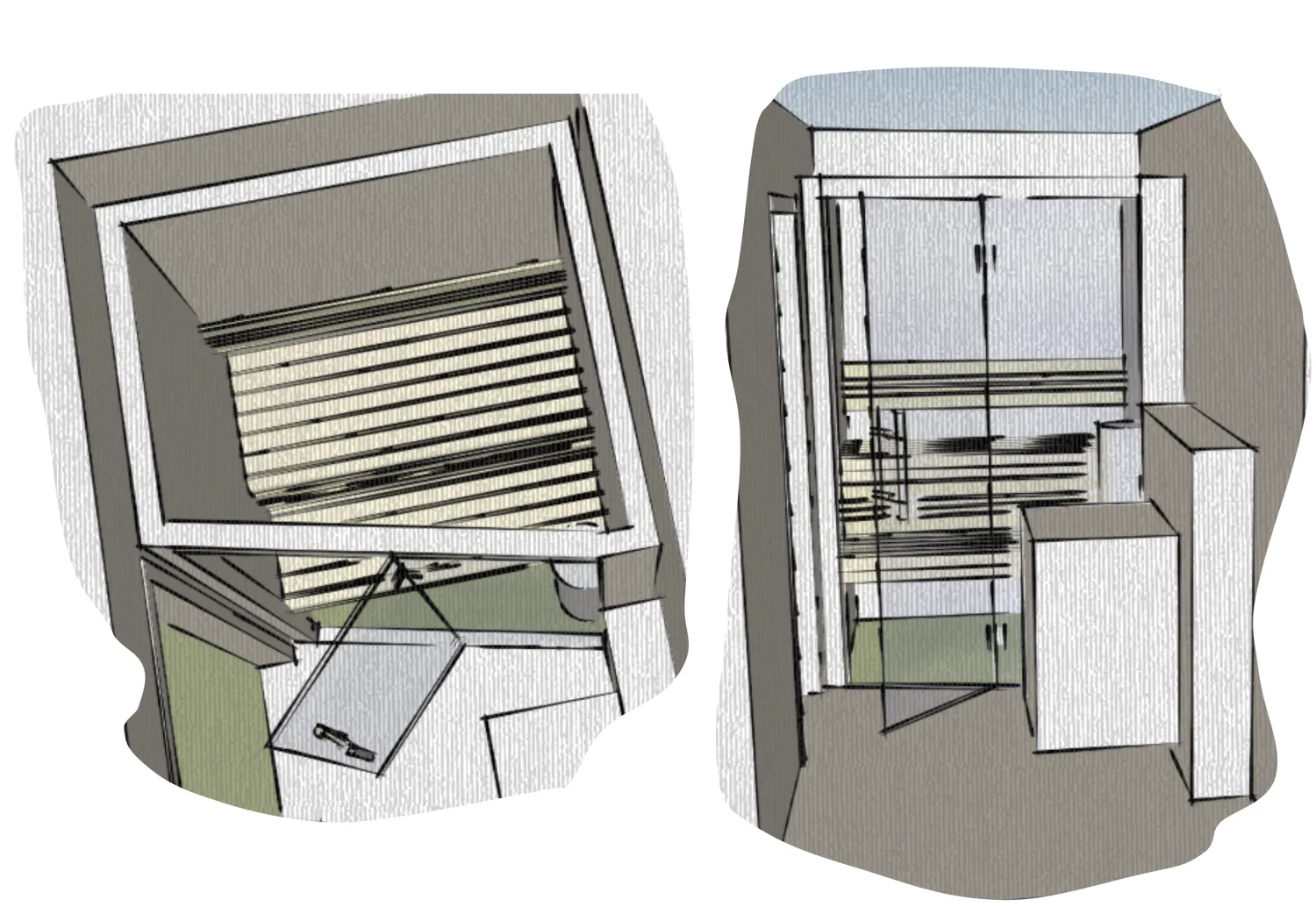 Sauna Stegmann - Wellness & More - Zwei 3D-Skizzen einer Sauna von außen und innen