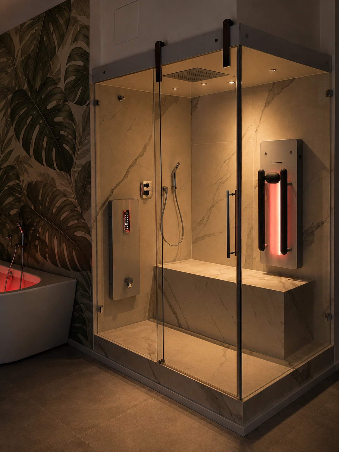 Sauna Stegmann - Wellness & More - Luxuriöses Badezimmer mit Glasdusche, Marmorwänden und rotem Infrarot-Strahler.