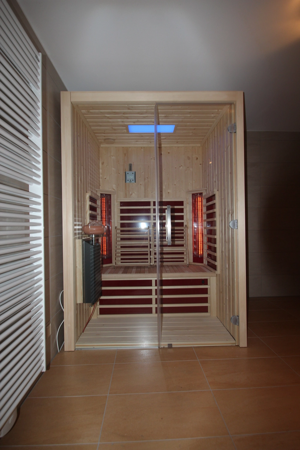 Sauna Stegmann - Wellness & More - Moderne Sauna mit Holzinterieur und Glastür.